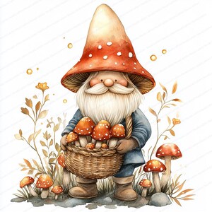 16 boskabouter paddestoel mand clipart | Betoverende boskarakterillustratie| Afdrukbare aquarel clipart | JPG's van hoge kwaliteit
