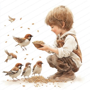 Paquete de 17 imágenes prediseñadas de niño con grano/gorrión/imágenes prediseñadas de acuarela imprimibles/JPG de alta calidad/manualidades de papel/diario basura