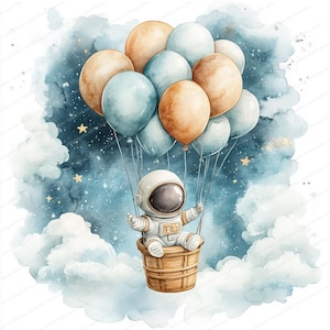 14 Astronaut in Hot Air Balloon Clipart | Birthday card | Printable Watercolor clipart | High Quality JPGs | Digital download | Paper craft