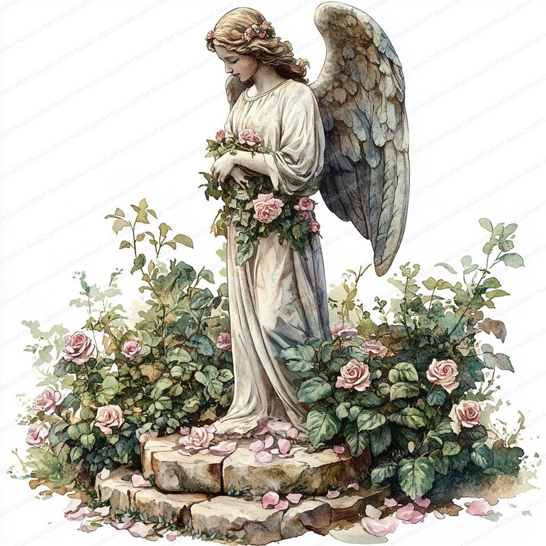 Angels And Roses 24 Angel in Rose Garden Clipart | Serene Celestial Illustration Set ...