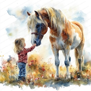 15 Clipart di bambini e cavalli / Opere d'arte stravaganti per bambini / Clipart di acquerelli stampabili / JPG di alta qualità / Lavoretti di carta / Diario spazzatura