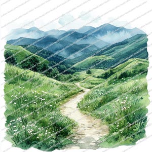 Puede incluir: Una pintura de acuarela de un camino sinuoso a través de un prado verde con flores blancas. El camino conduce a una cordillera en la distancia, con un cielo azul brumoso arriba.