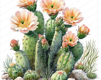 Puede incluir: Una pintura de acuarela de un cactus de chumbera con flores rosadas y almohadillas verdes. El cactus está rodeado de pequeñas plantas verdes y rocas.