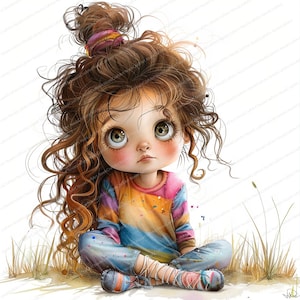 Puede incluir: Una ni&ntilde;a joven con el pelo largo y rizado casta&ntilde;o se sienta con las piernas cruzadas con una expresi&oacute;n pensativa. Lleva una camisa a rayas de colores y unos vaqueros azules con salpicaduras de pintura. Su pelo est&aacute; recogido con una goma de pelo de colores.