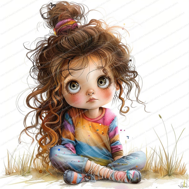 Puede incluir: Una ni&ntilde;a joven con el pelo largo y rizado casta&ntilde;o se sienta con las piernas cruzadas con una expresi&oacute;n pensativa. Lleva una camisa a rayas de colores y unos vaqueros azules con salpicaduras de pintura. Su pelo est&aacute; recogido con una goma de pelo de colores.