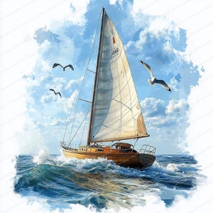 Puede incluir: Pintura a la acuarela de un velero en el mar. El barco de madera tiene una vela blanca y navega por olas azules agitadas. Las gaviotas vuelan en el cielo, que está lleno de nubes blancas y esponjosas. El barco tiene el texto "PN19" en la vela.