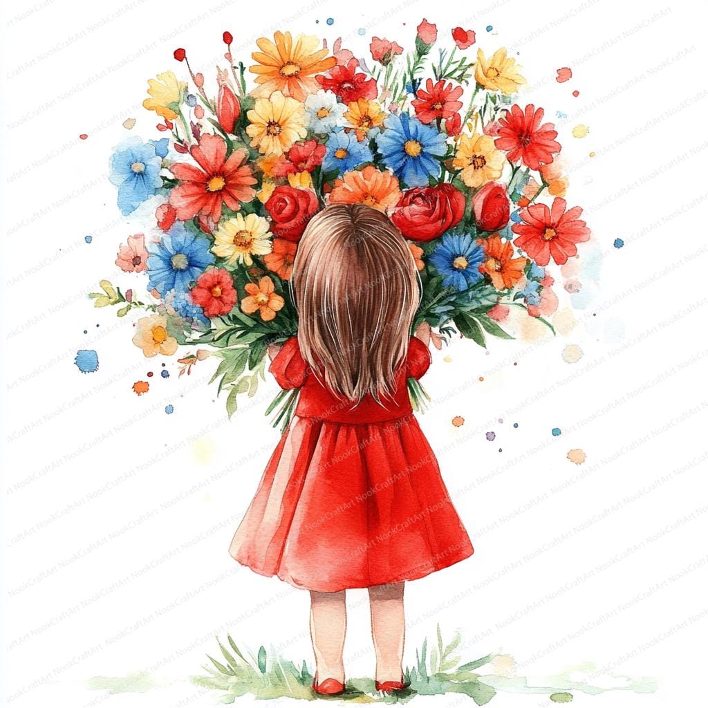 18 花束を持つ少女のクリップアート | 花の水彩画アート | 印刷可能な