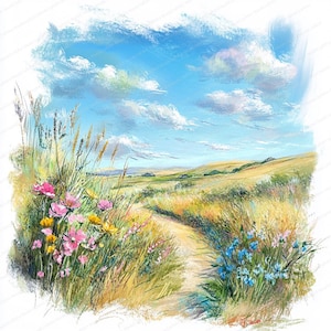 18 Clipart de Prado de Flores de Primavera | Paisagem Floral Vibrante | Clipart de Aquarela para Imprimir | JPGs de Alta Qualidade | Artesanato em Papel | Diário de Lixo