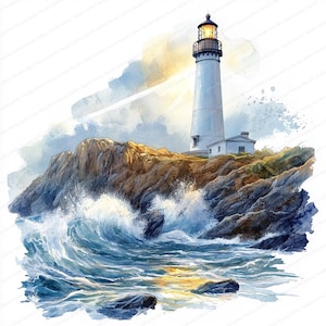18 Faro sulle scogliere del mare Clipart / Elementi di arte costiera nautica / Clipart acquerello stampabile / JPG di alta qualità / Carta artigianale
