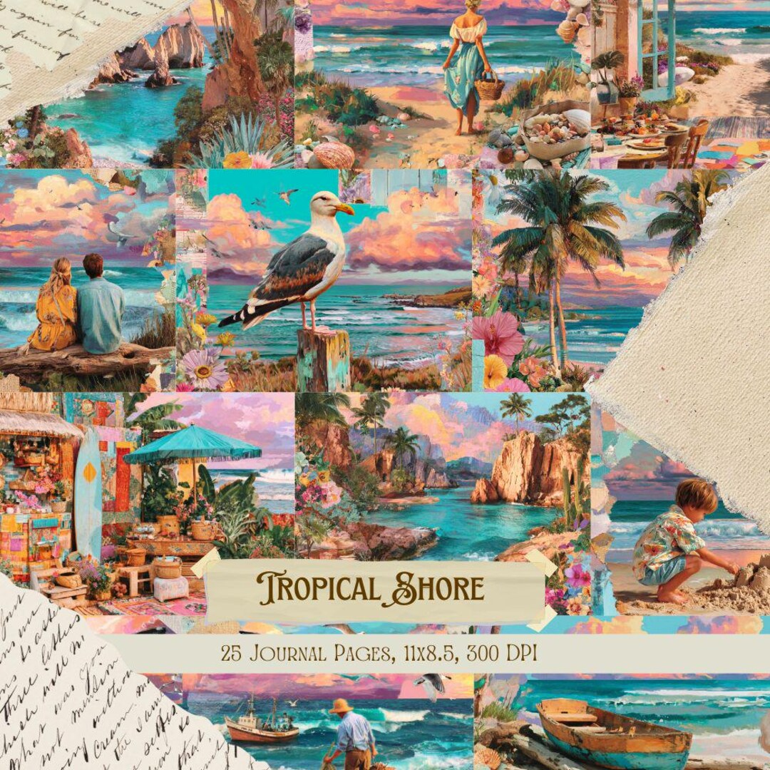 Tropical Shore Junk Journal Kit | Vintage Beach Palm Collage Sheets ...