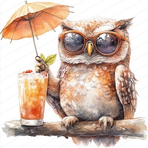 18 Eule mit Sonnenbrille Clipart | Sommer tropisches Cocktail Design | Druckbare Aquarell Clipart | Hochwertige JPGs | Papiermodell | Zeitschrift