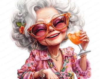 14 Funny Senior Lady Drinking Cocktail Clipart | Happy Grandma Clipart | High Quality JPGs | Digital download | Paper craft | junk journals