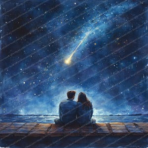 Peut inclure: Peinture à l'aquarelle d'un couple assis sur une jetée en bois, contemplant un ciel étoilé. Une étoile filante brillante traverse le fond bleu foncé. L'œuvre évoque un sentiment de romance et d'émerveillement.