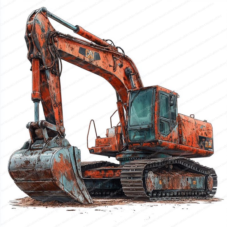 May include: A rusty orange and blue Caterpillar excavator with a large metal bucket. The excavator is on a white background.
