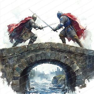 21 Clipart di duello di cavalieri sul ponte / Arte di battaglia fantasy medievale / Clipart acquerello stampabile / JPG di alta qualità / Carta artigianale / diario