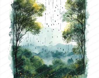 17 雨の風景のクリップアート | 窓越しの霧のかかった木々 | 印刷可能