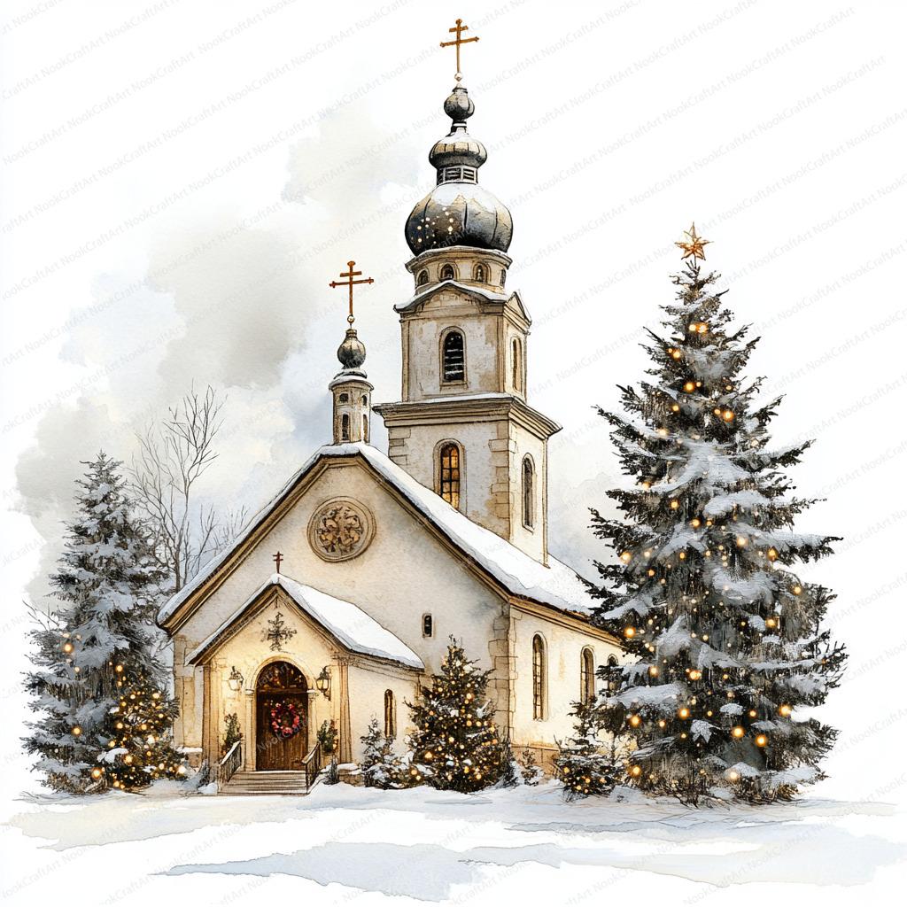 20 クリスマス教会クリップアート | 冬の教会のイラスト | 印刷可能な