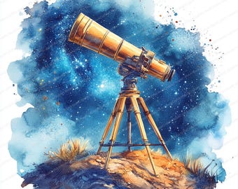 21 telescoopclipartset | Grafische collectie astronomie | Afdrukbare aquarel clipart | Hoge kwaliteit JPG's | Papierkunst | Junkjournaal