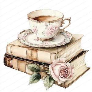 17 Chá e livro Clipart | Livro Vintage | Clipart de aquarela para impressão | JPGs de alta qualidade | Download digital | Artesanato em papel | diário de lixo