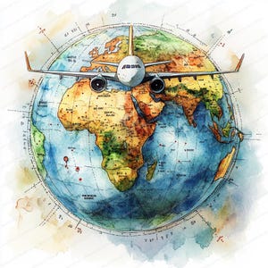 15 Clipart de aventura de aviação | Design de globo e avião | Clipart de aquarela para impressão | JPGs de alta qualidade | Artesanato em papel | Diário de lixo