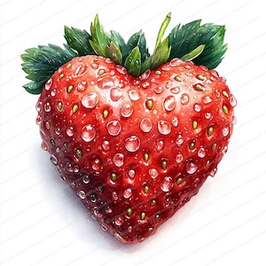 20 imágenes prediseñadas de corazones de fresa con gotas de rocío / Conjunto de ilustraciones románticas de frutas / Imágenes prediseñadas de acuarela imprimibles / JPG de alta calidad / Diario
