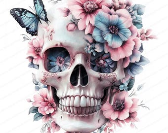May include: A white skull with pink and blue flowers covering the eye sockets. A blue butterfly is perched on the top of the skull.