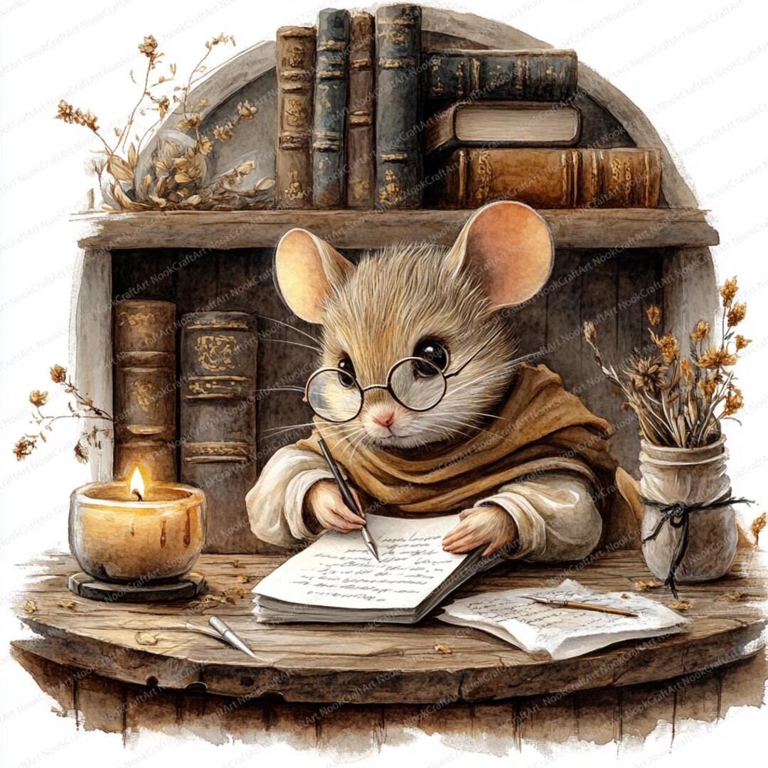 24 Mouse Writing With Quill Clipart | Cute Glasses-wearing Rodent Art ...