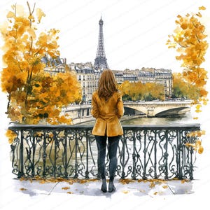 16 Imágenes prediseñadas de mujer en un puente / Otoño en París / Imágenes prediseñadas de acuarela imprimibles / JPG de alta calidad / Descarga digital / Manualidades de papel