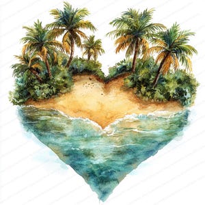 16 Clipart de Ilha em Forma de Coração | Ilustração de Paraíso Tropical | Clipart de Aquarela para Imprimir | JPGs de Alta Qualidade | Artesanato em Papel | Diário