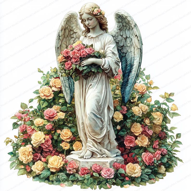 Angels And Roses 24 Angel in Rose Garden Clipart | Serene Celestial Illustration Set ...