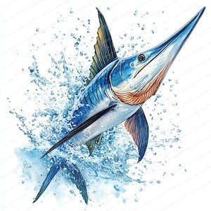 18 Clipart di pesce spada ad acquerello / Illustrazione di pesce dell'oceano / Clipart di acquerello stampabile / JPG di alta qualità / Lavoretti di carta / Diario spazzatura