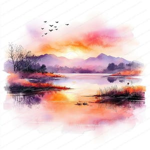 20 Zachód słońca nad jeziorem Clipart | Spokojny widok na jezioro | Wydrukowalne akwarelowe Clipart | Wysokiej jakości JPG | Pobieranie cyfrowe | Rękodzieło papierowe