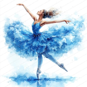 May include: Watercolor painting of a ballerina in a blue tutu and leotard, arms outstretched. The dancer is en pointe, with a soft, ethereal quality. The background is a wash of blue, creating a dreamy effect.