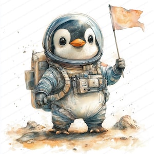 17 Pinguin Astronaut Clipart | Abenteuer Weltraum Illustration | Druckbare Aquarell Clipart | Hochwertige JPGs | Papiermodell | Junk Journal