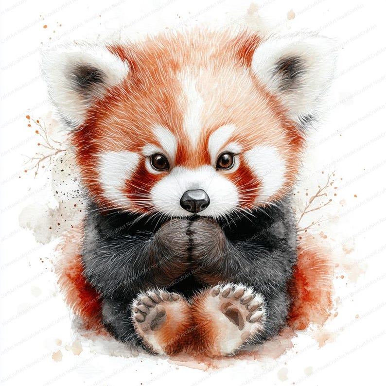 K&ouml;nnte beinhalten: Ein Aquarellbild eines Roten Pandas, der mit seinen Pfoten seinen Mund bedeckt sitzt. Der Rote Panda hat ein flauschiges rot-wei&szlig;es Fell und schwarze Beine. Der Hintergrund ist ein Aquarell aus Braun und Wei&szlig;.