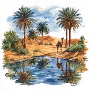 20 Clipart di oasi nel deserto / Palme in miniatura e cammelli / Clipart di acquerelli stampabili / JPG di alta qualità / Lavoretti di carta / Diario di scarto