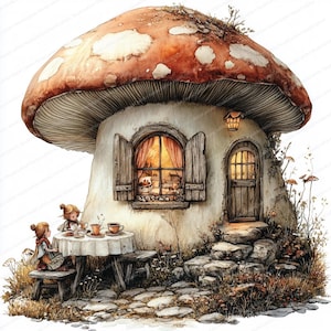 21 Clipart champignon féerique magique | Scène enchantée de dîner de famille | Clipart aquarelle imprimable | JPG de haute qualité | Créations artisanales en papier | revue