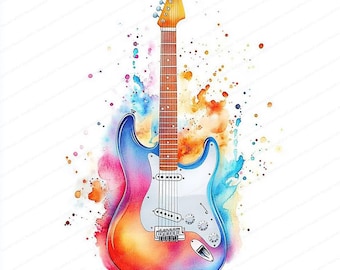 May include: A watercolour illustration of an electric guitar. The guitar has a blue body that fades into orange and yellow, with a white pickguard and a brown neck. Splashes of watercolour paint in various colours surround the guitar.