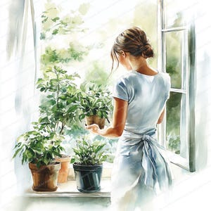 16 imágenes prediseñadas de una jardinera regando plantas / Imágenes prediseñadas de acuarela imprimibles / JPG de alta calidad / Descarga digital / Manualidades de papel, diario basura