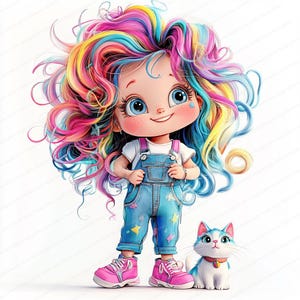 May include: A cartoon illustration of a girl with long, colorful hair wearing denim overalls and pink sneakers. She is standing next to a small, blue and white cat.