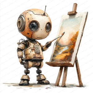 17 Robot Painting Canvas Clipart / Illustrazione artistica di robot / Clipart acquerello stampabile / JPG di alta qualità / Carta artigianale