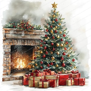 May include: Watercolor painting of a Christmas scene. A decorated Christmas tree with red and gold ornaments and a gold star topper stands next to a brick fireplace with a burning fire. Wrapped gifts are at the base of the tree.