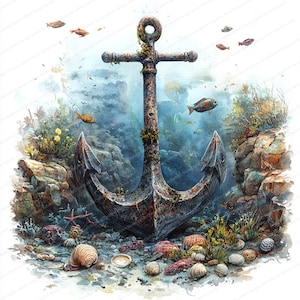 20 Clipart ancre coulée | Illustration de l'océan nautique | Clipart aquarelle imprimable | JPG de haute qualité | Créations artisanales en papier | Journal indésirable