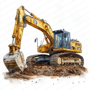 May include: A yellow Caterpillar excavator with a large digging bucket, digging into the ground. The excavator has a black cab and tracks.