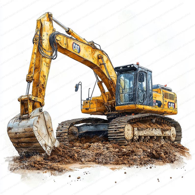 May include: A yellow Caterpillar excavator with a large digging bucket, digging into the ground. The excavator has a black cab and tracks.
