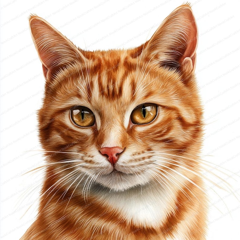 May include: Close-up portrait of a ginger cat with white markings on its chest. The cat has bright yellow eyes and a serious expression.
