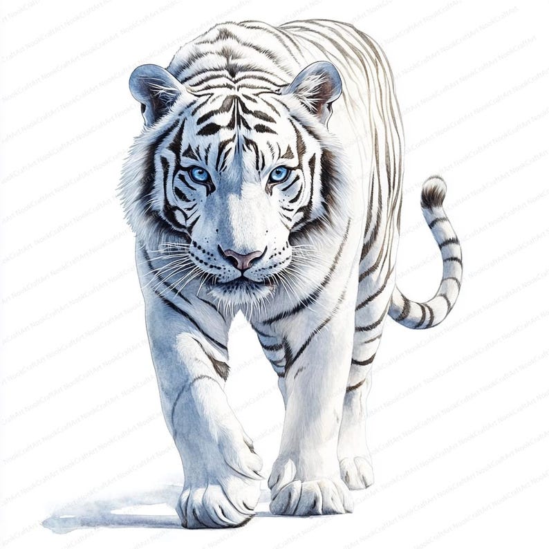 May include: A majestic white tiger with striking blue eyes and black stripes walks forward. The tiger's fur is a pristine white, and its intense gaze captures attention. The image is a detailed illustration of the animal.
