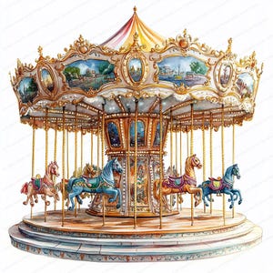 18 Clipart de Cavalo de Carrossel | Ilustrações Caprichosas de Parque de Diversões | Clipart de Aquarela para Imprimir | JPGs de Alta Qualidade | Artesanato em Papel | Diário