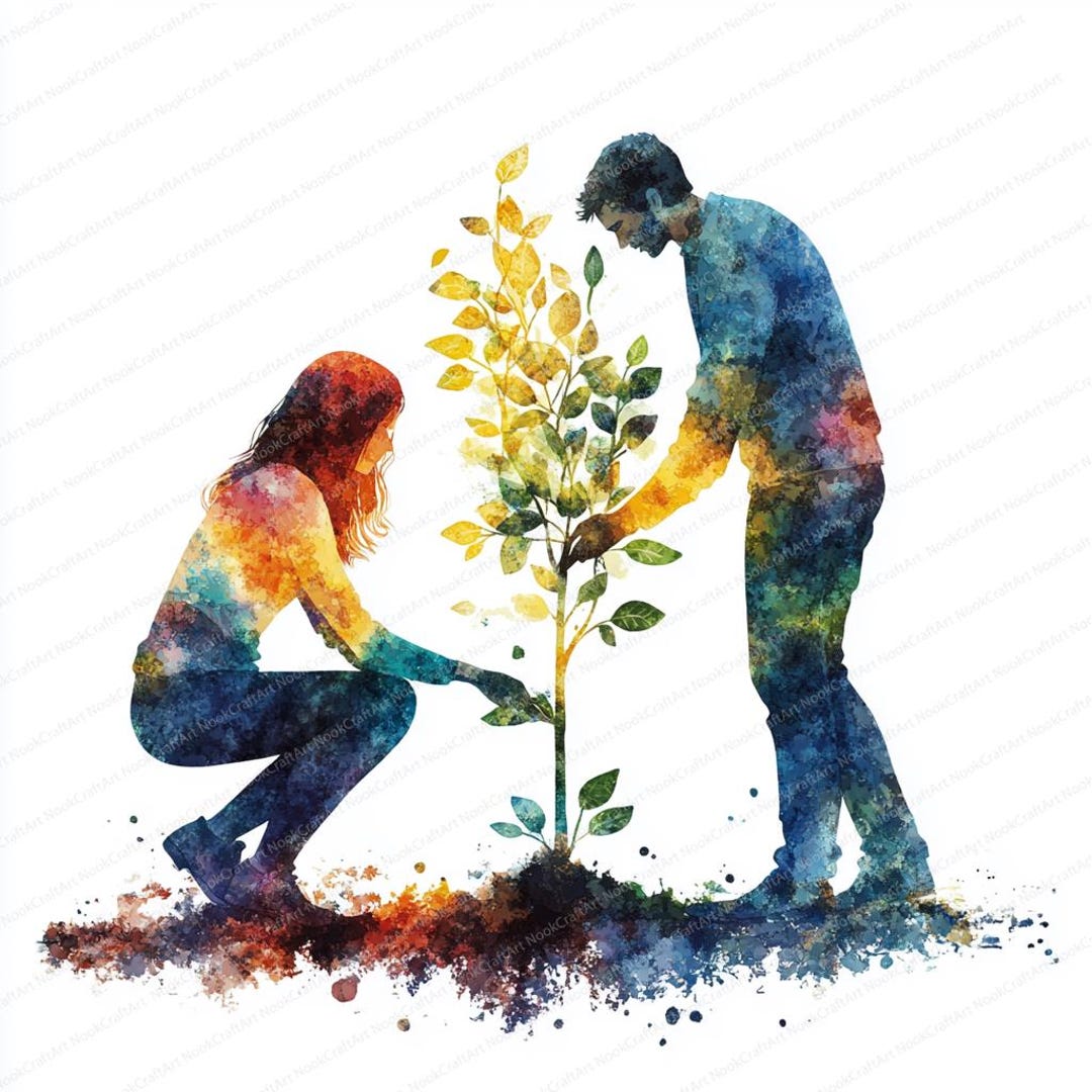 18 imágenes prediseñadas de trabajo en equipo para plantar árboles /  Símbolos de unidad y crecimiento / Imágenes prediseñadas de acuarela  imprimibles ..., image size:1080x1080