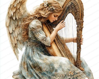 22 Angel Playing Harp Clipart | Celestial Music Digital Art
